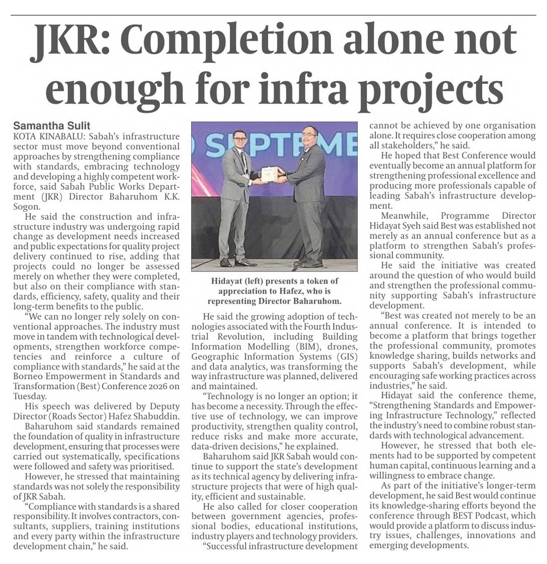 10 Sept 2026, Kota Kinabalu - JKR Completion alone not enough for infra projects (Daily Express)